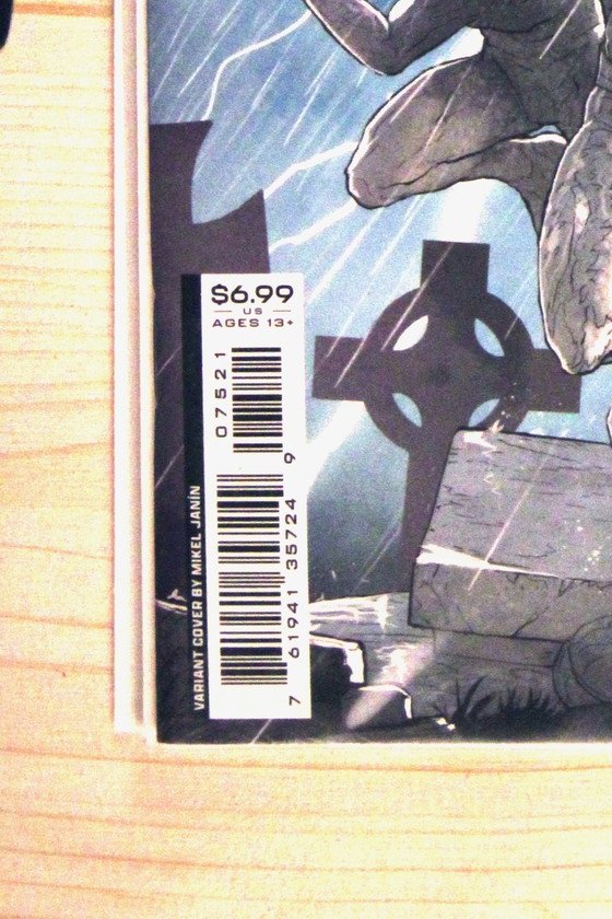 Justice League #75 – DC (2022) 9.6 NM+ Variant Cover by Mikel Janín - features the Justice League depicted as stone statues/monument in a stormy graveyard setting