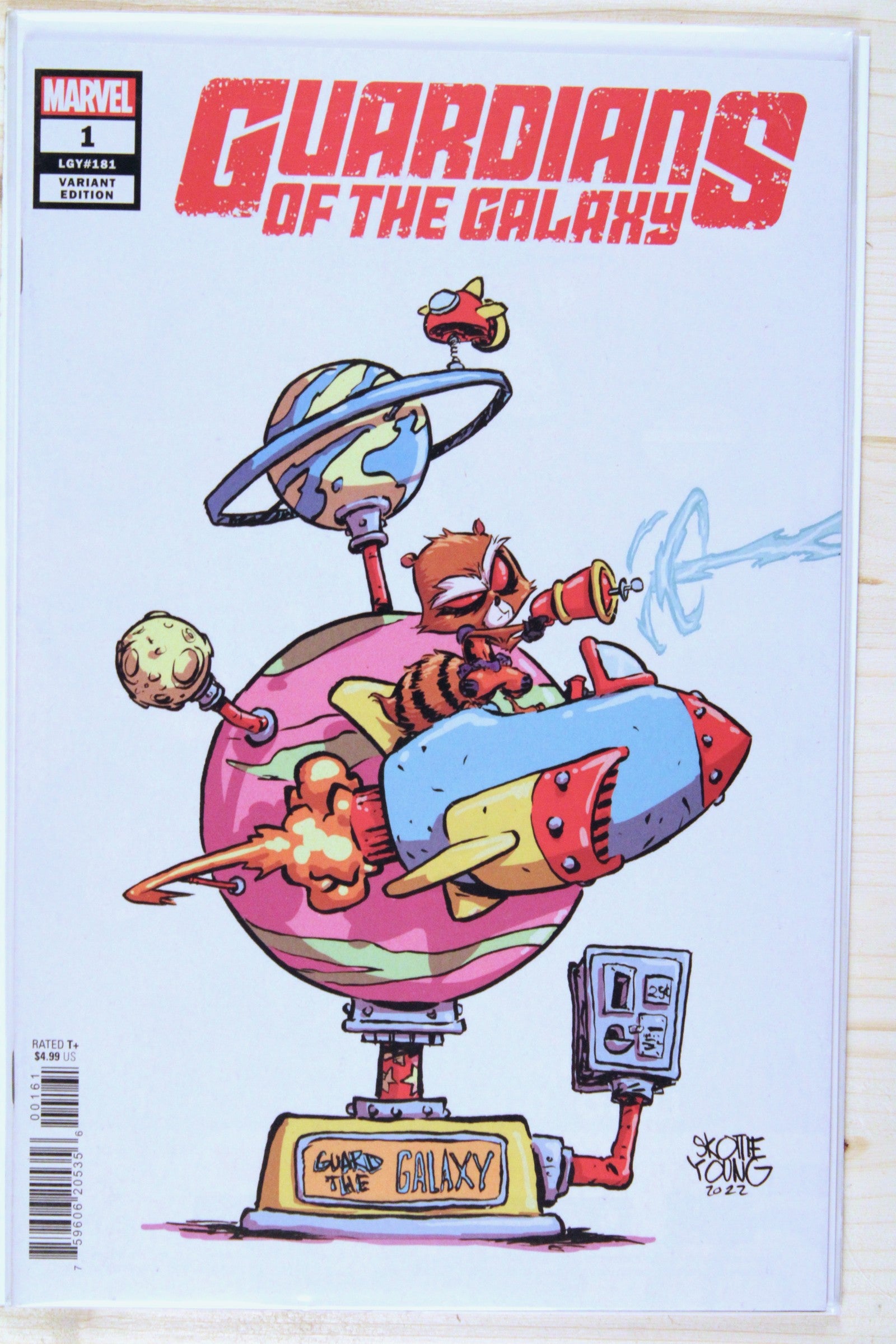 Guardians of the Galaxy #1 – Marvel (2023) 9.6 NM+ Donny Cates story | Skottie Young Variant Edition (LGY #181) - featuring Young's signature baby/chibi art style depicting Rocket Raccoon riding a retro arcade/amusement ride machine