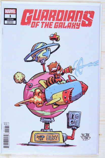Guardians of the Galaxy #1 – Marvel (2023) 9.6 NM+ Donny Cates story | Skottie Young Variant Edition (LGY #181) - featuring Young's signature baby/chibi art style depicting Rocket Raccoon riding a retro arcade/amusement ride machine