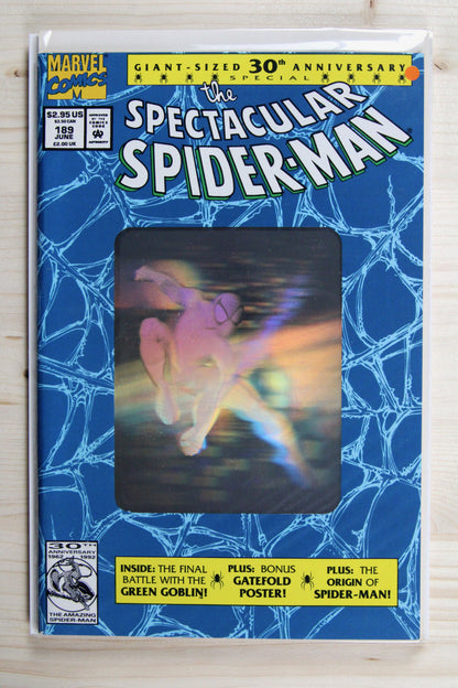 The Spectacular Spider-Man #189 – Marvel (1992) 9.2 NM- 30th Anniversary Giant-Sized Special with holographic cover element