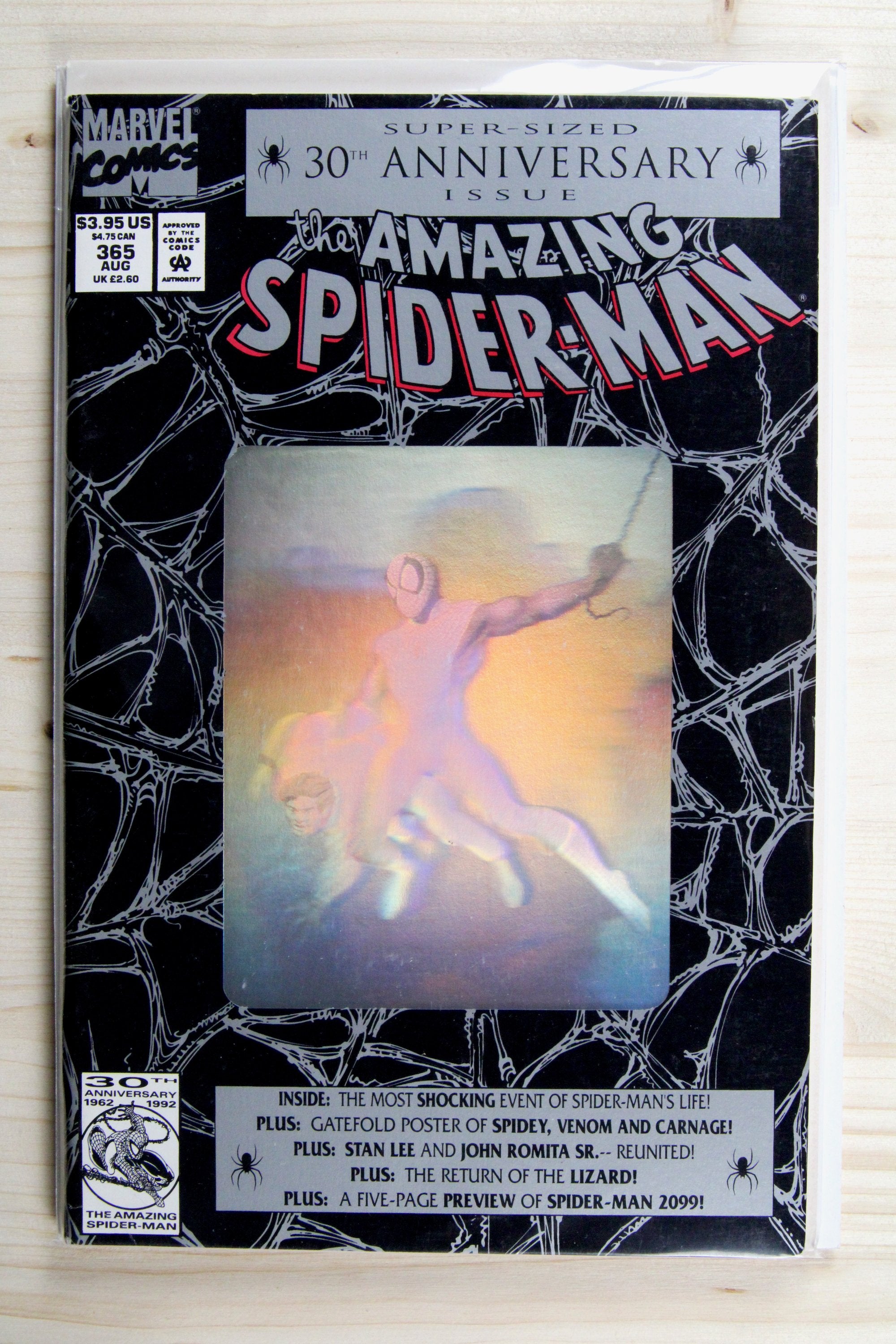 The Amazing Spider-Man #365 – Marvel (1992) 8.5 VF+ John Romita art | Stan Lee story | 30th Anniversary Super-Sized Issue with holographic cover